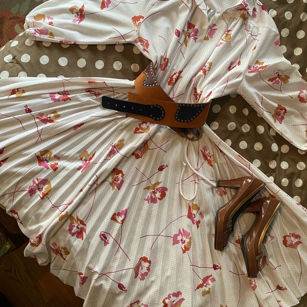 Vintage Floral Secretary Dress Pleated Midi Prairie Cottagecore Tie Waist M.